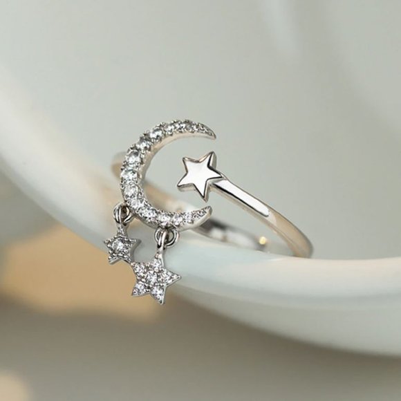 925 Sterling Silver Dangle Moon & Star Ring Minimalist Dainty Celestial … - Picture 4 of 7